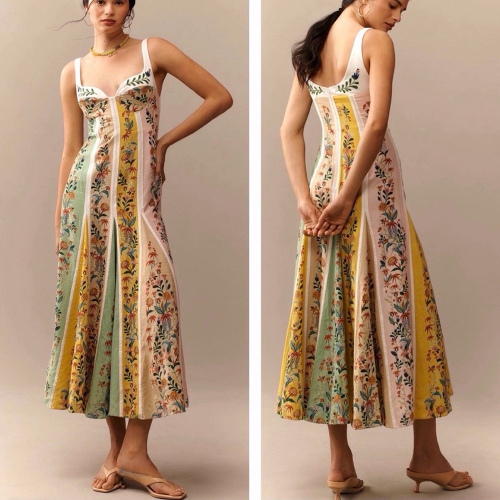 Christian Lacroix Floral Patchwork Linen Corset Midi Dress –Viral Designer Dress